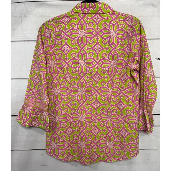 Gretchen Scott Designs Priss Brooks Ruffle Blouse Pink Green Sz XS - Picture 7 of 8